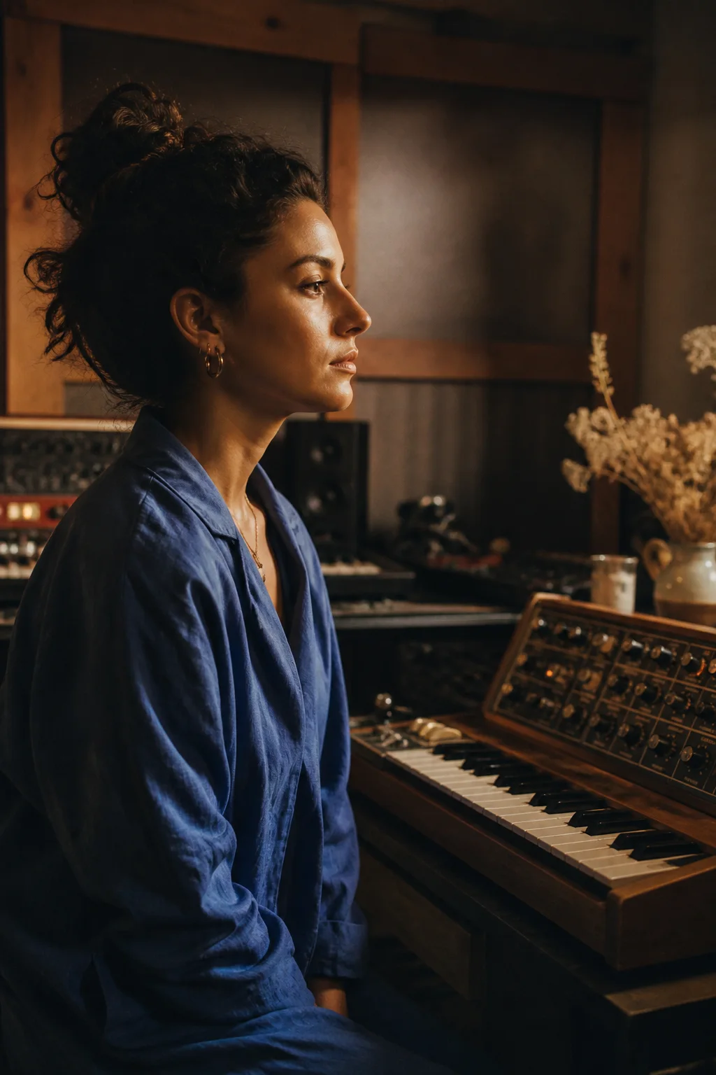 Fictional musician Mara Vale in her recording studio