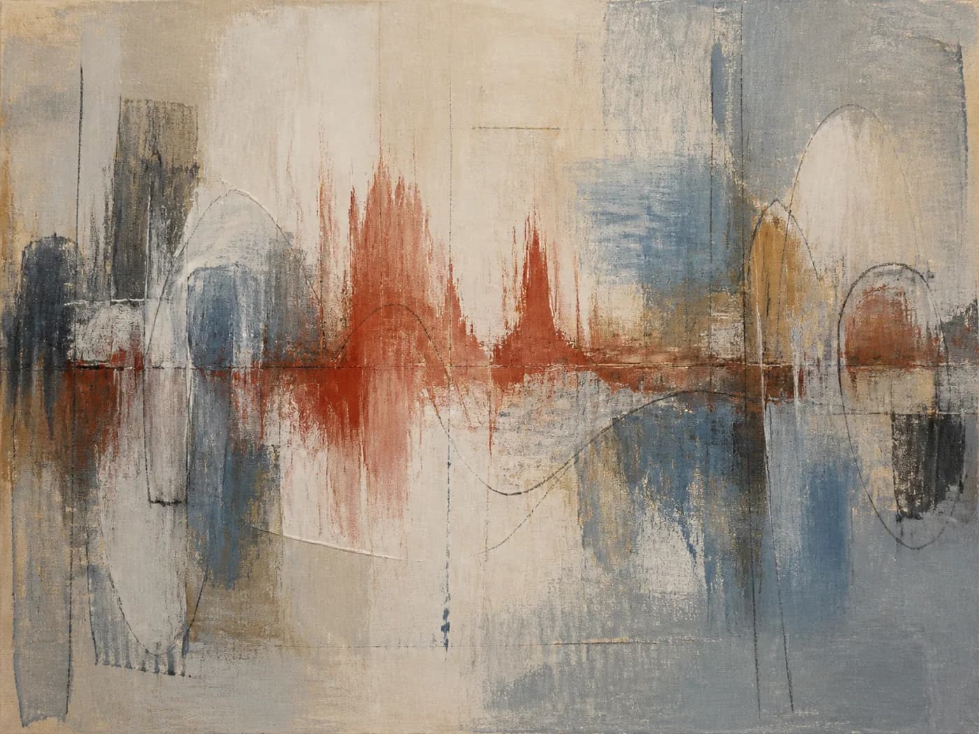Original abstract mixed-media painting in mineral red, dusty blue, bone, and charcoal