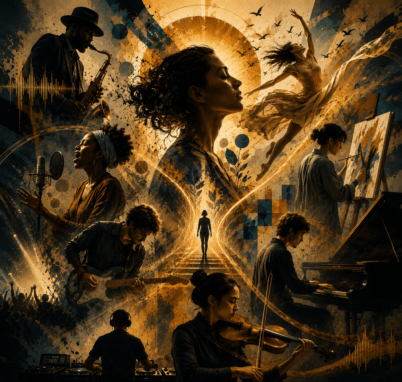 Collage of musicians, a dancer, and a visual artist creating across music and art